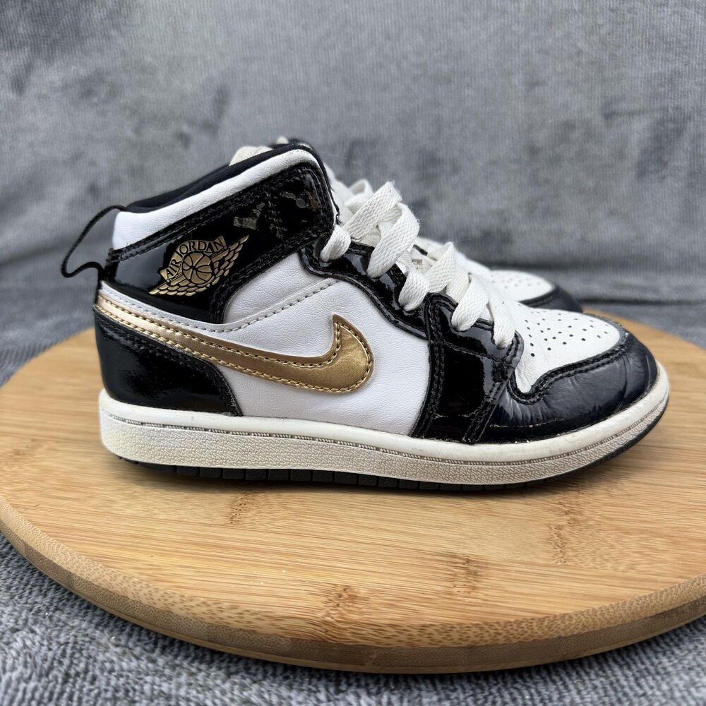 Jordan Air Jordan 1 Mid SE Shoes Boys Size 12C Black Gold Patent BQ6932-007